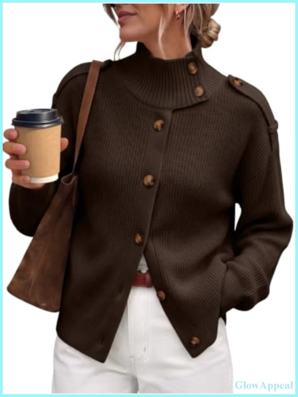 Ribbed Knit Mock Neck Button Cardigan Sweater Cotton Blend